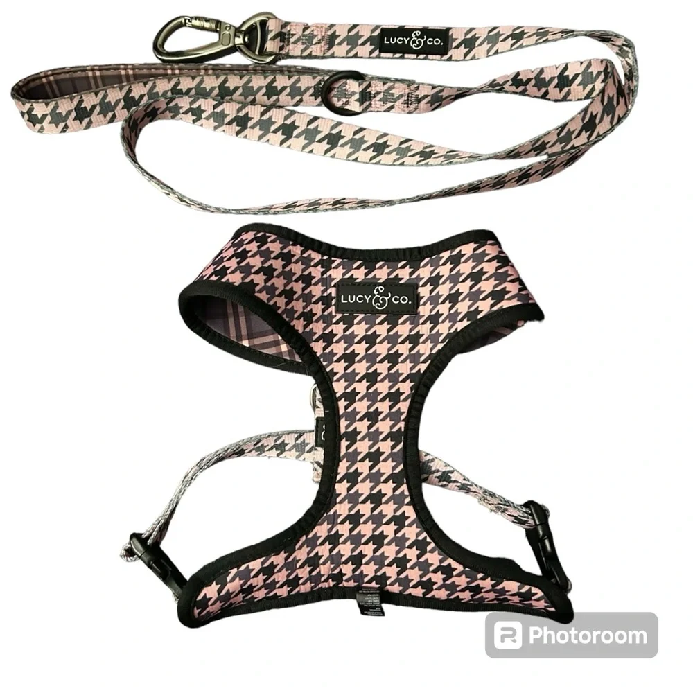 Lucy & Co Blushing Plaid Pink Houndstooth Reversible Harness and Leash Set